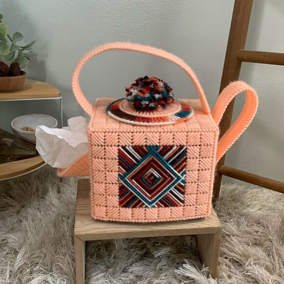 Vintage Kitschy Tea Pot Style Plastic Canvas Needlepoint Tissue Box Cover - Picture 1 of 13
